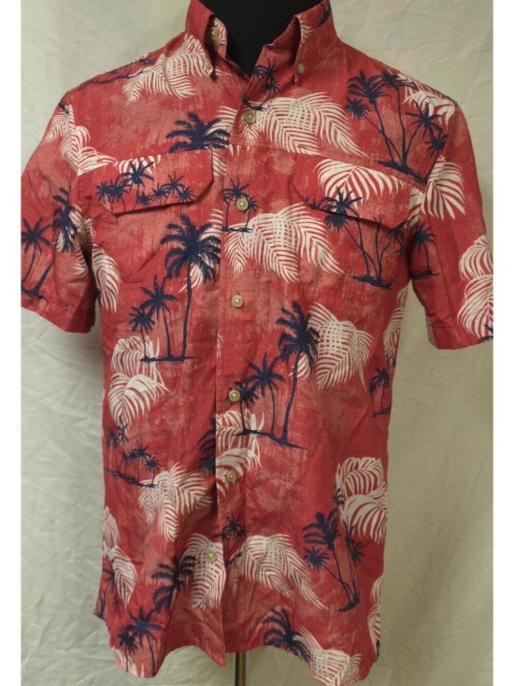 Chaps Performance Mens (M) Red Palm Tree Leaf's Tropical Aloha Hawaiian Shirt